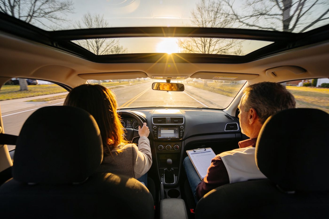 An adult learner at the wheel with both hands on it, late afternoon sun coming through the windscreen, the instructor beside her with a clipboard on his knee.